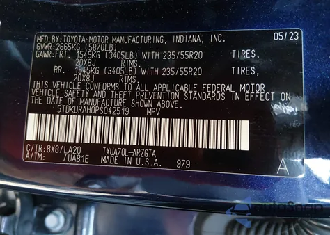 2023 Toyota Highlander Platinum z USA, uszkodzony, nr VIN 5TDKDRAH0PS042519